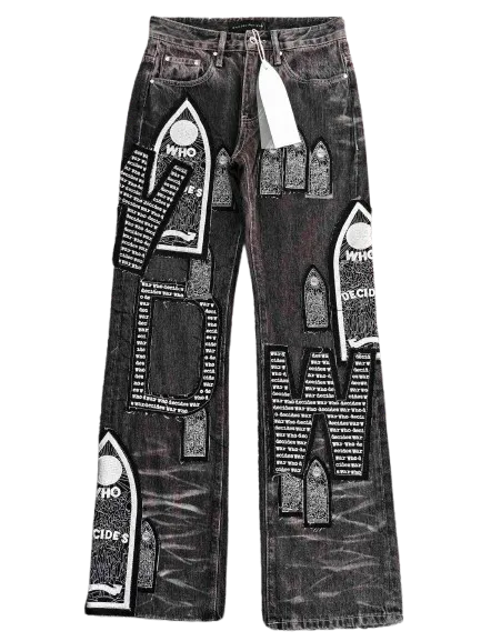 Who Decides War Motif Patched Denim Pants